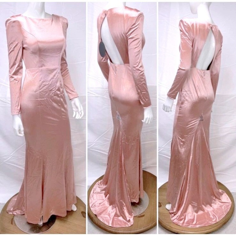 Bariano Australia Rose Gold Satin Long Sleeve Open Back Gown Dress US 6 Prom